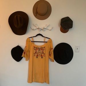 Yellow, cold-shoulder, embroidered, dress.